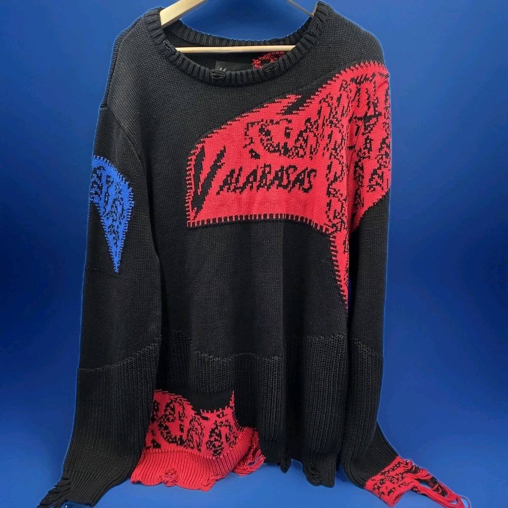 Valabasas Distressed Knit Sweater - Black/Red/Blue - Men's XL -‎ Streetwear
